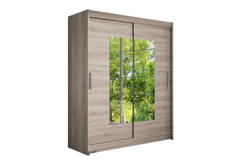 Leila Garderobe Skyvedører Smaltt Firekantet Speil - Eik - Oppbevaring - Garderober & garderobesystem