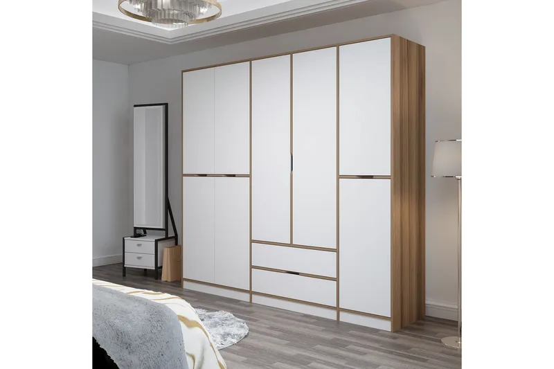 Munna Garderobeskap med Skuffer 232 cm i Malt Tre - Hvit - Oppbevaring - Garderober & garderobesystem