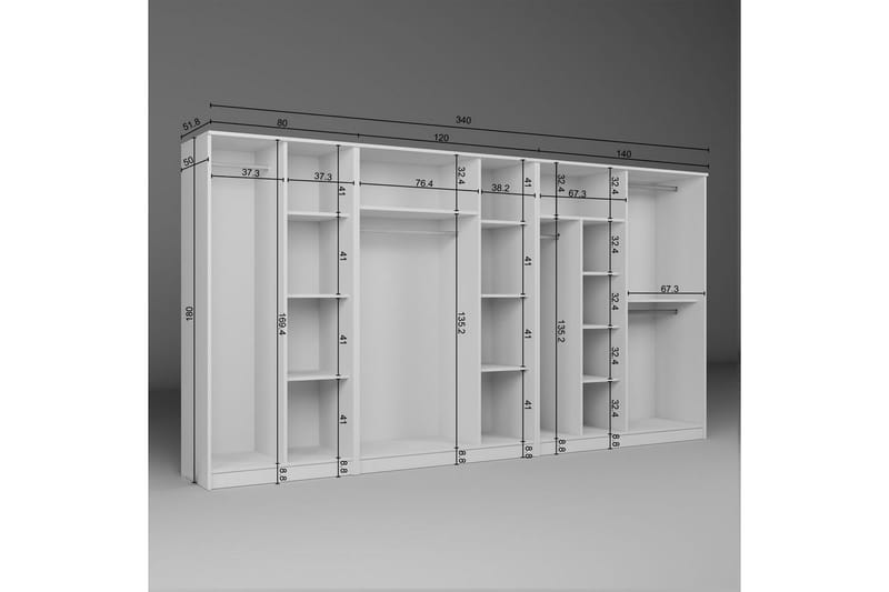 Olera Hjørnegarderobe 340x180 cm - Hvit - Oppbevaring - Garderober & garderobesystem - Garderobeskap