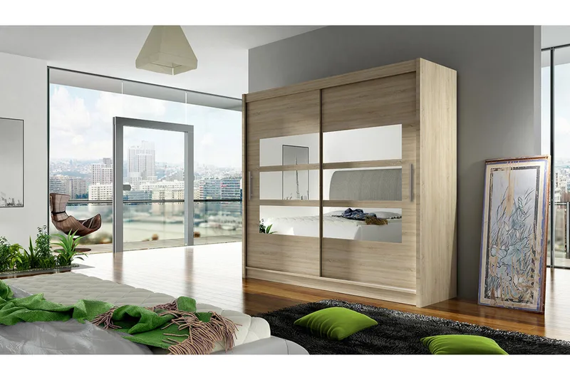 Prag Garderobe 180 cm Skyvedører Delt Speil - Eik - Oppbevaring - Garderober & garderobesystem