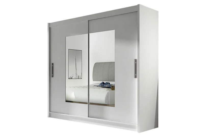 Prag Garderobe med Skyvedører Smal Firkantet Speil 180 cm, Hvit