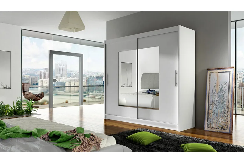 Prag Garderobe med Skyvedører Smal Firkantet Speil 180 cm - Hvit - Oppbevaring - Garderober & garderobesystem