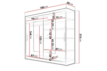 Prag Garderobe med Skyvedører Smal Firkantet Speil 180 cm - Hvit - Oppbevaring - Garderober & garderobesystem