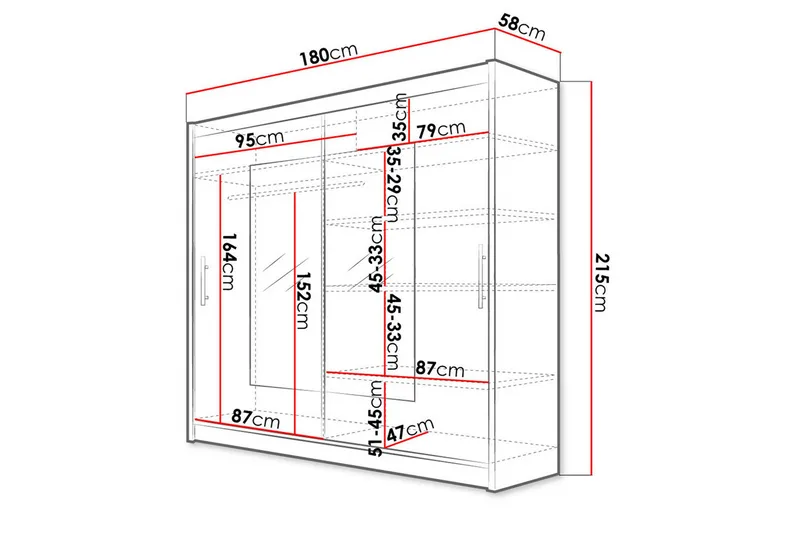 Prag Garderobe med Skyvedører Smal Firkantet Speil 180 cm - Hvit - Oppbevaring - Garderober & garderobesystem