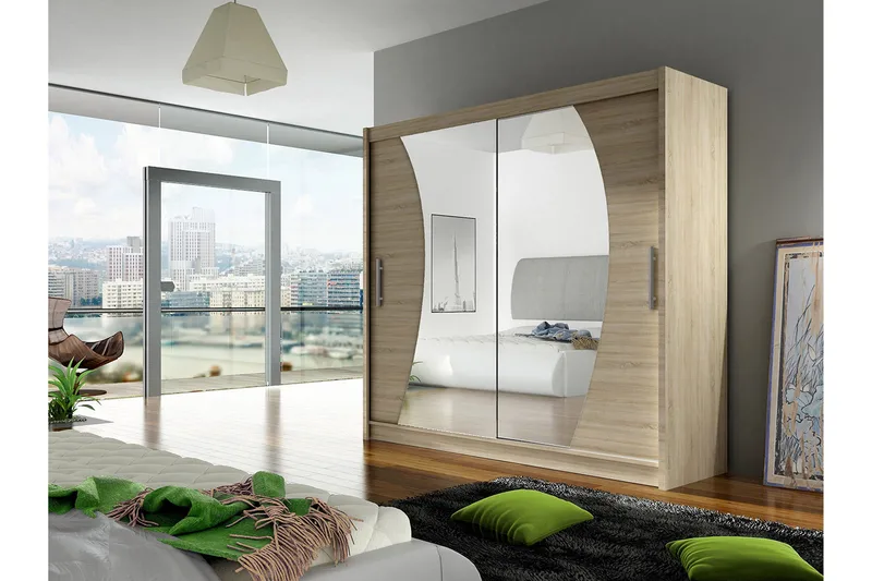 Prag Garderobe Skyvedører Bøyd Speil - Eik - Oppbevaring - Garderober & garderobesystem