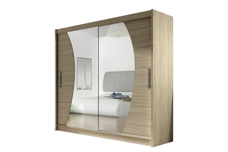 Prag Garderobe Skyvedører Bøyd Speil, Eik