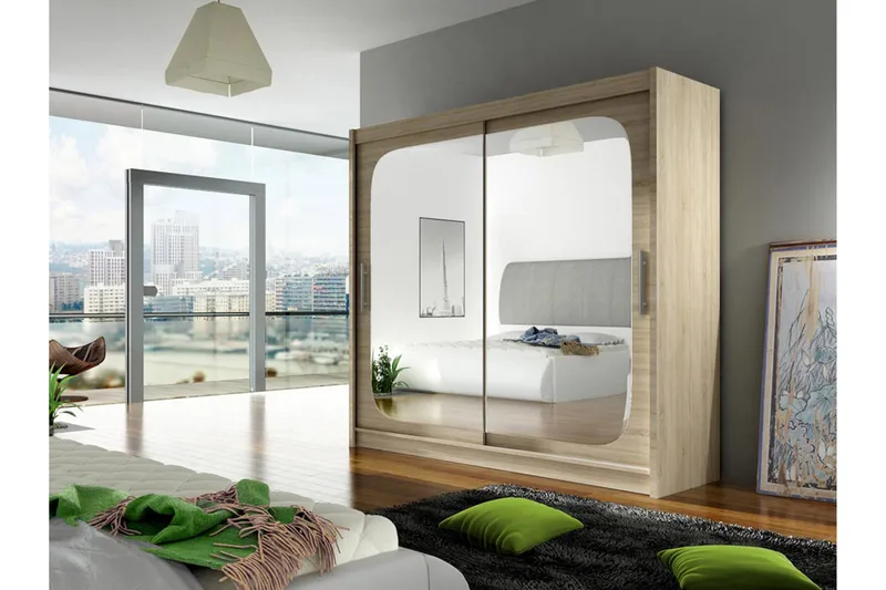 Prag Garderobe Skyvedører Firekantet Speil - Eik - Oppbevaring - Garderober & garderobesystem