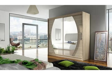 Prag Garderobe Skyvedører Rundtt Speil - Eik - Oppbevaring - Garderober & garderobesystem