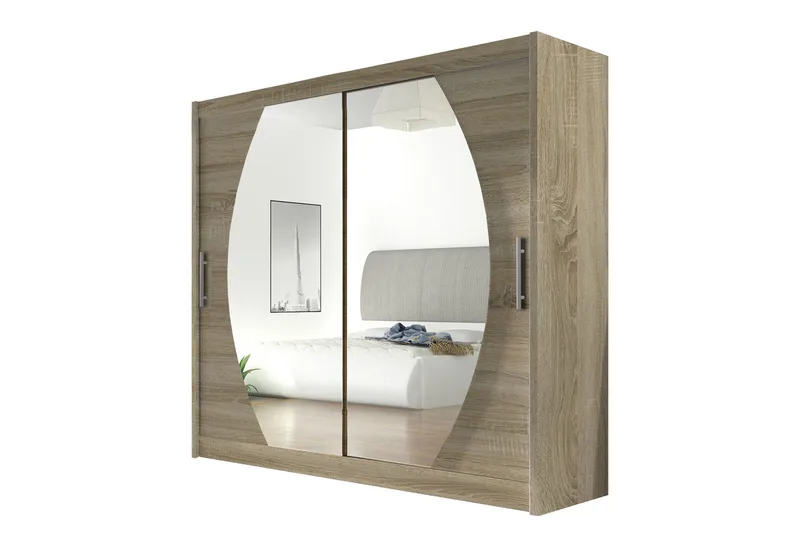 Prag Garderobe Skyvedører Rundtt Speil, Eik