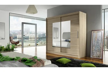 Prag Garderobe Skyvedører Smaltt Firekantet Speil - Eik - Oppbevaring - Garderober & garderobesystem