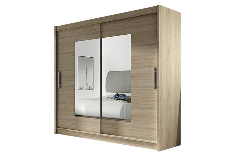 Prag Garderobe Skyvedører Smaltt Firekantet Speil, Eik