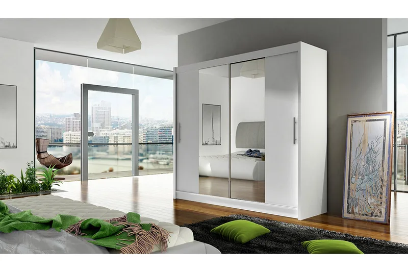 Prag Garderobe Skyvedører Smaltt Speil - Hvit - Oppbevaring - Garderober & garderobesystem