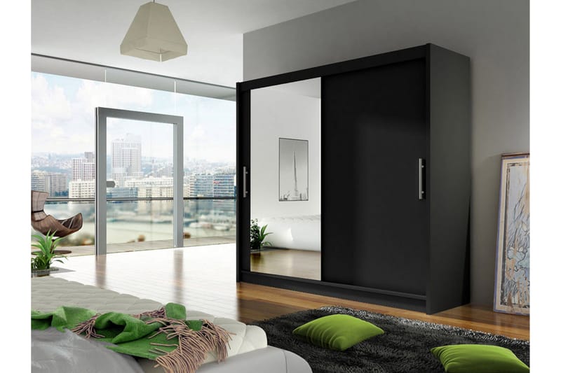 Prag Stor Garderobe med Skyvedører + Speil - Svart / Sølv - Oppbevaring - Garderober & garderobesystem