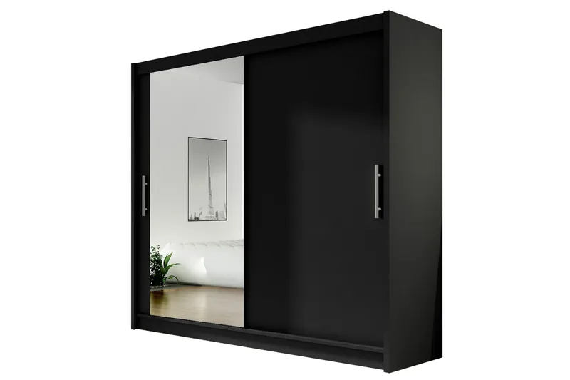 Prag Stor Garderobe med Skyvedører + Speil, Svart / Sølv