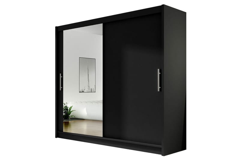 Prag Stor Garderobe med Skyvedører + Speil, Svart / Sølv