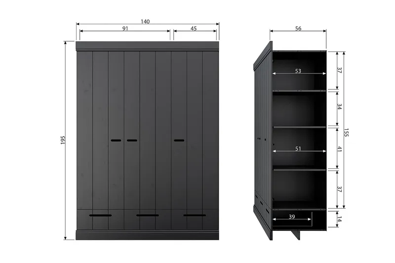 Varius Garderobe 140x53 cm 3 Dører - Furu/Svart - Oppbevaring - Garderober & garderobesystem