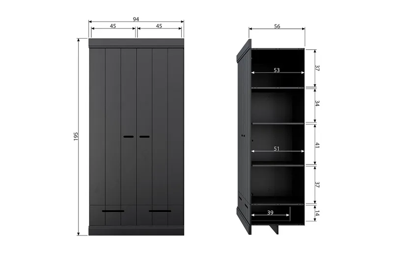 Varius Garderobe 94x53 cm 2 Dører - Furu/Svart - Oppbevaring - Garderober & garderobesystem