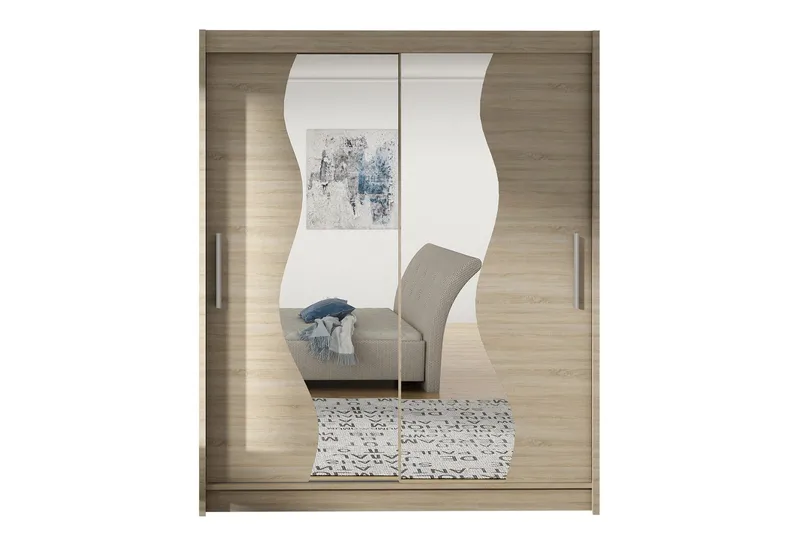 West Garderobe 150 cm i Tre med Glassdetaljer, Beige|Hvit
