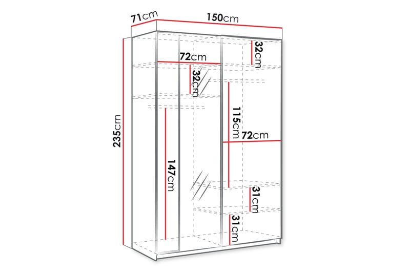 Haruna Garderobeskap med Speil 150x235 cm - Hvit - Oppbevaring - Garderober & garderobesystem