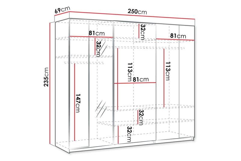 Haruna Garderobeskap med Speil 250x235 cm - Hvit - Oppbevaring - Garderober & garderobesystem