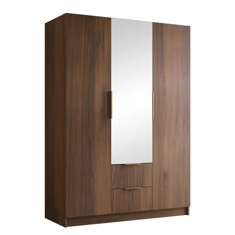 Herrljunga Garderob med Speil 150x215 cm med Skuffer, Brun/Gull/Speil