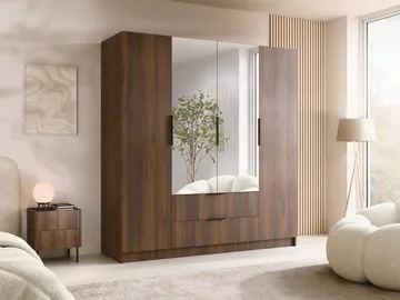 Herrljunga Garderob med Speil 200x215 cm med Skuffer - Brun/Svart/Speil - Oppbevaring - Garderober & garderobesystem