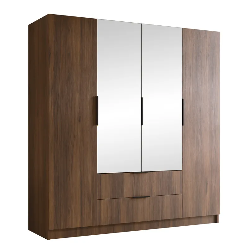 Herrljunga Garderob med Speil 200x215 cm med Skuffer, Brun/Svart/Speil