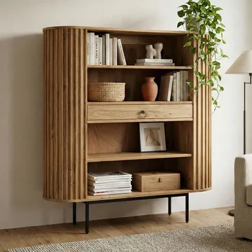 Belilo bokhylle 105 cm ribbedesign - naturlig, varm honningbrun og svart - Oppbevaring - Hylle - Bokhylle