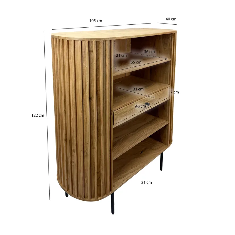 Belilo bokhylle 105 cm ribbedesign - naturlig, varm honningbrun og svart - Oppbevaring - Hylle - Bokhylle