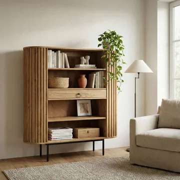 Belilo bokhylle 105 cm ribbedesign - naturlig, varm honningbrun og svart - Oppbevaring - Hylle - Bokhylle