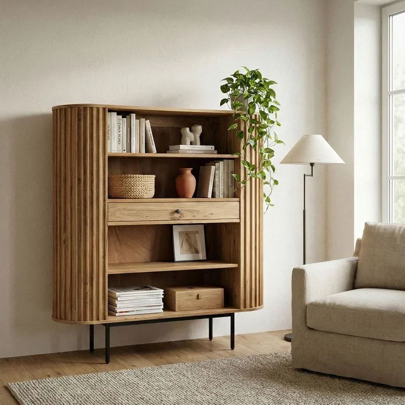 Belilo bokhylle 105 cm ribbedesign - naturlig, varm honningbrun og svart - Oppbevaring - Hylle - Bokhylle