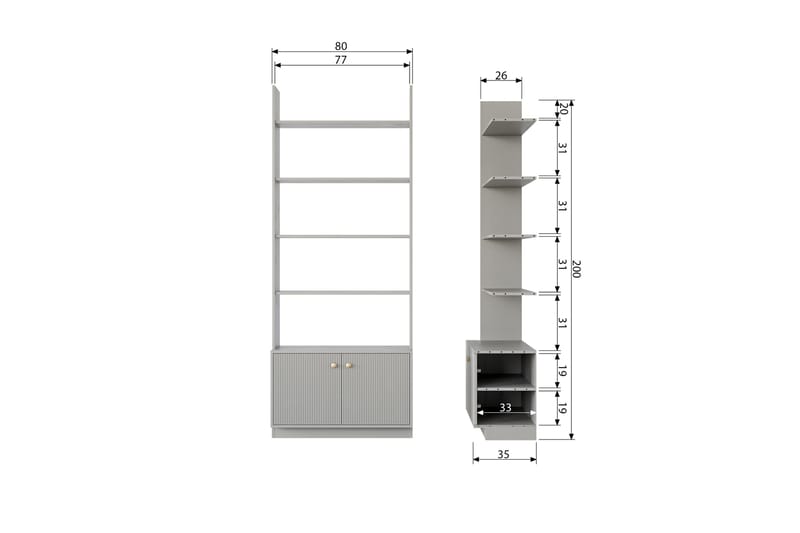 Antonie Bokhylle 35x80 cm - Grå - Oppbevaring - Hylle - Bokhylle