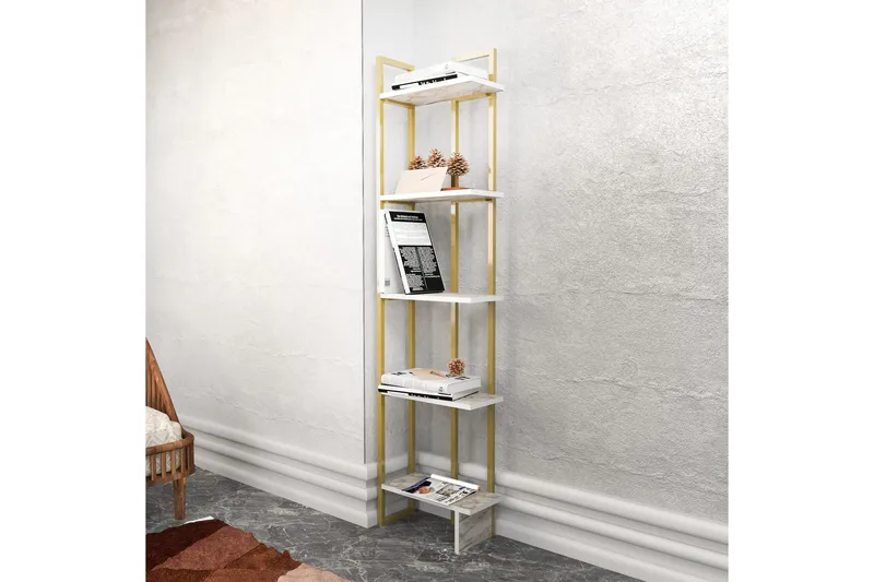 Desgrar Bokhylle 45.2x180 cm i Tre med Metallramme - Hvit - Oppbevaring - Hylle - Bokhylle