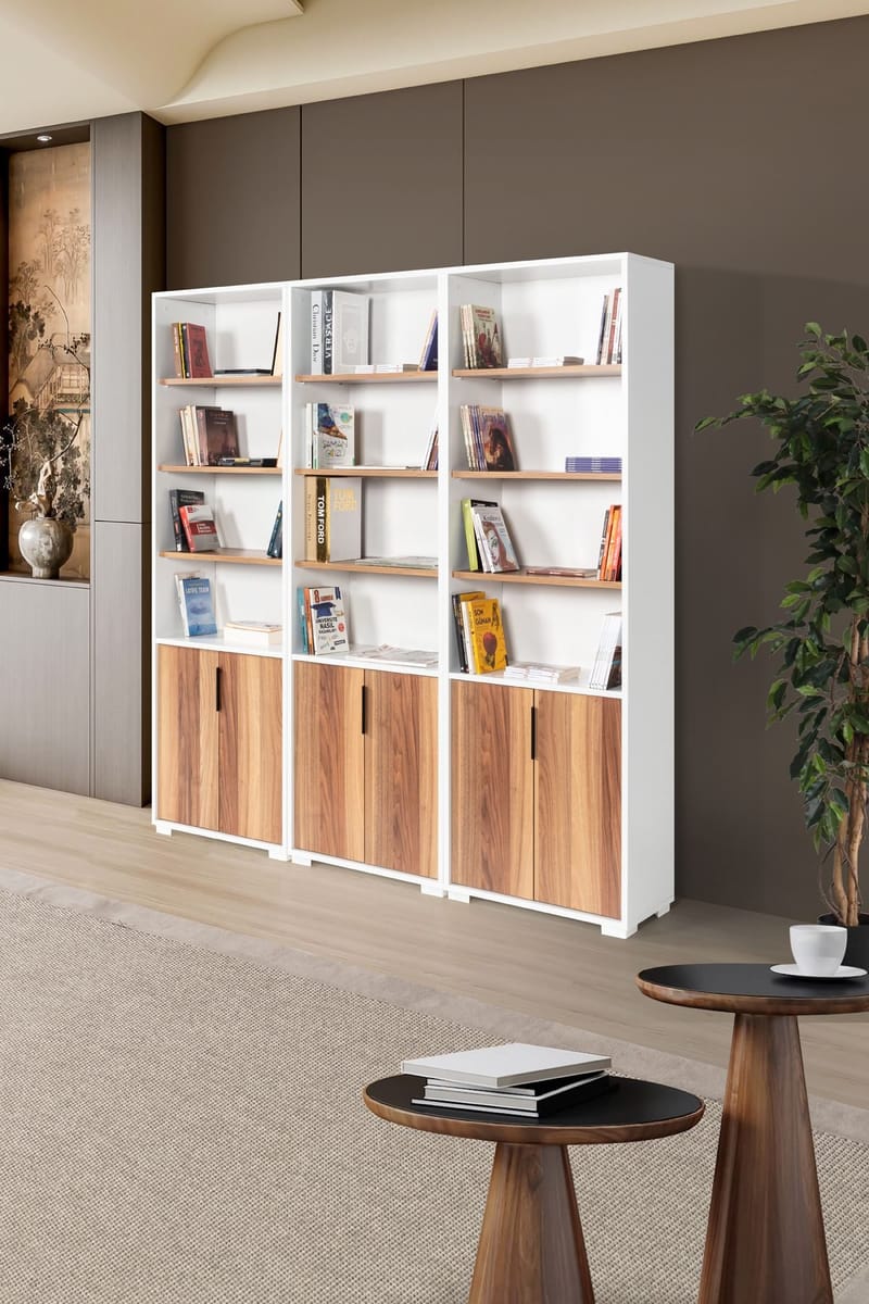 Bokhylle Hanah Home Evora Wide (180 x 187 x 30 cm) Hvit valnøtt - Hvit og valnøtt - Oppbevaring - Hylle - Bokhylle