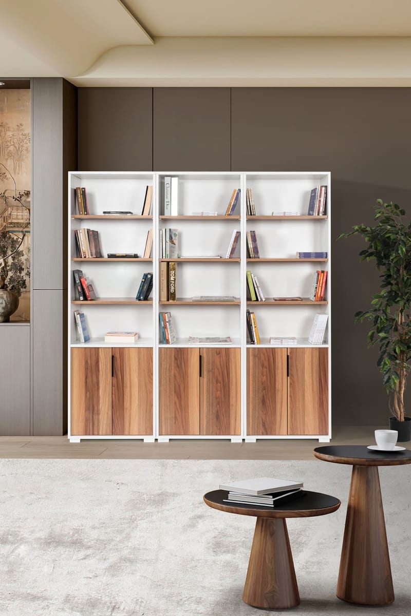 Bokhylle Hanah Home Evora Wide (180 x 187 x 30 cm) Hvit valnøtt, Hvit og valnøtt