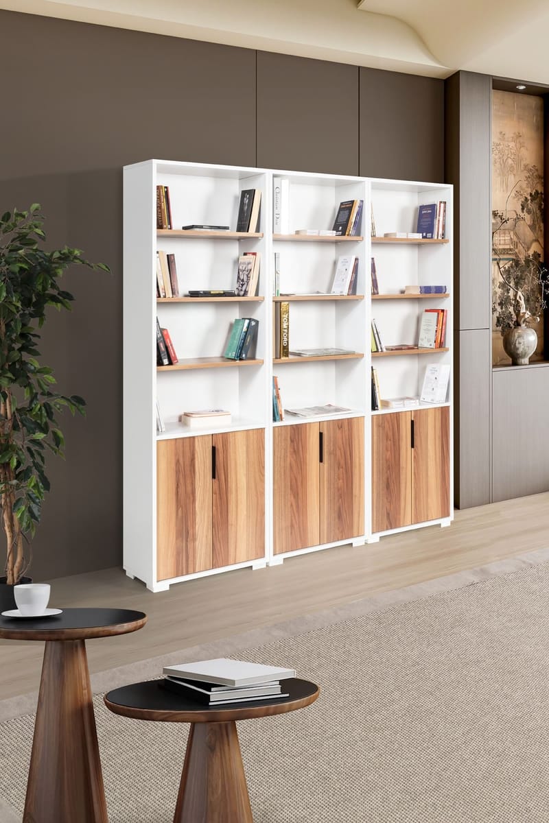 Bokhylle Hanah Home Evora Wide (180 x 187 x 30 cm) Hvit valnøtt - Hvit og valnøtt - Oppbevaring - Hylle - Bokhylle