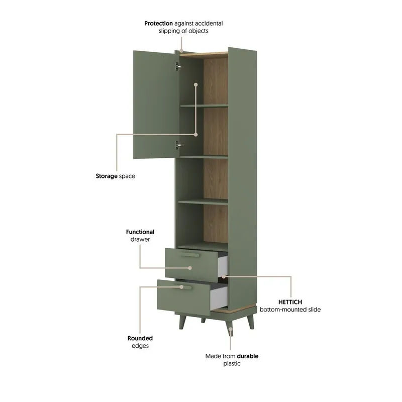 Bokhylle Skandi 1 Dør 2 Skuffer - Oppbevaring - Hylle - Bokhylle