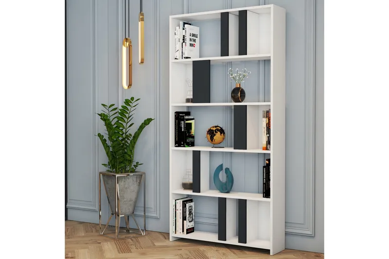 Timiza Bokhylle 90x20 cm 5 Hyller - Hvit / Antrasitt - Oppbevaring - Hylle - Bokhylle