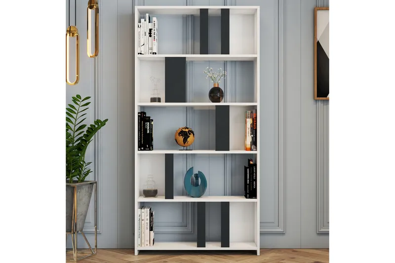 Timiza Bokhylle 90x20 cm 5 Hyller - Hvit / Antrasitt - Oppbevaring - Hylle - Bokhylle