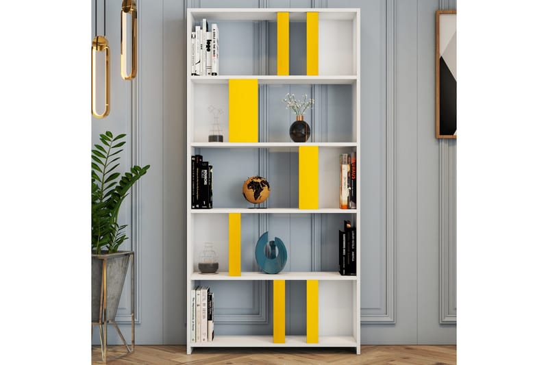 Timiza Bokhylle 90x20 cm 5 Hyller - Hvit/Gul - Oppbevaring - Hylle - Bokhylle