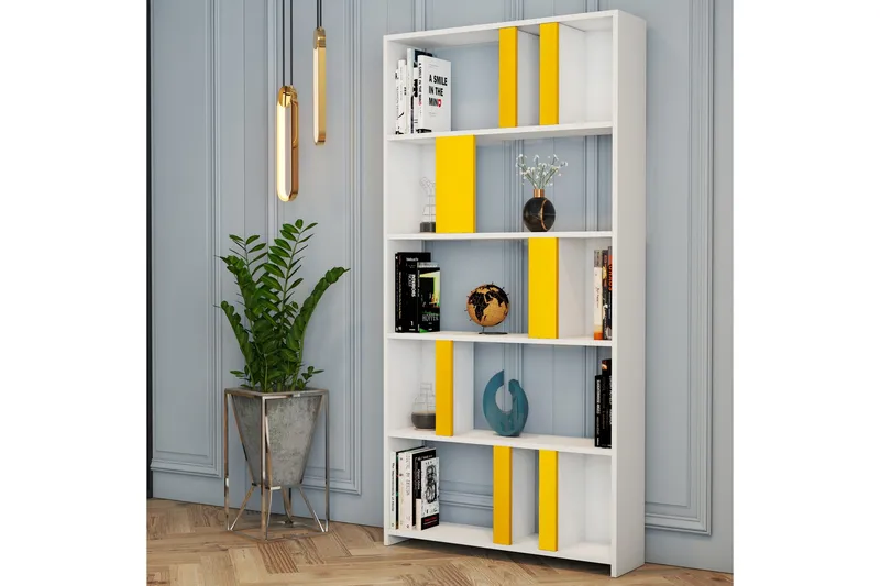 Timiza Bokhylle 90x20 cm 5 Hyller - Hvit/Gul - Oppbevaring - Hylle - Bokhylle