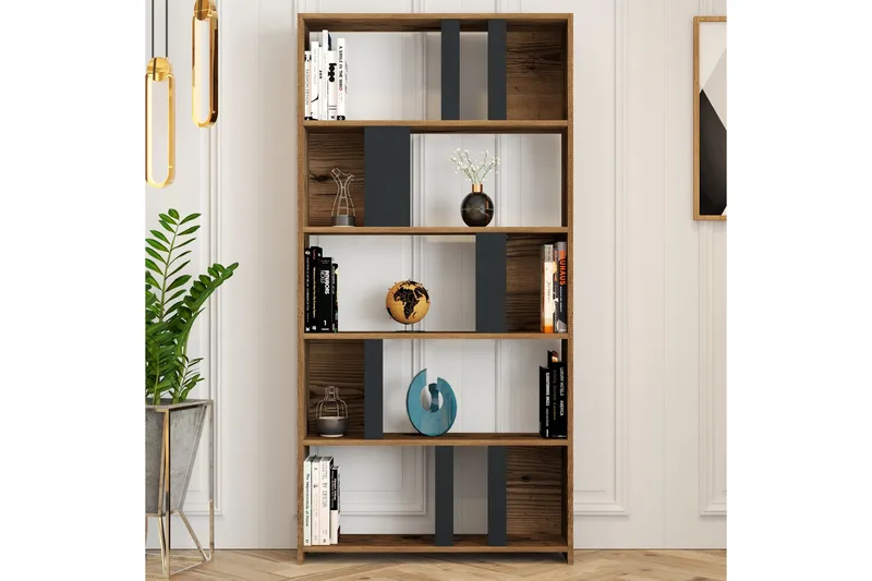 Timiza Bokhylle 90x20 cm 5 Hyller - Mørkebrun/Antrasitt - Oppbevaring - Hylle - Bokhylle