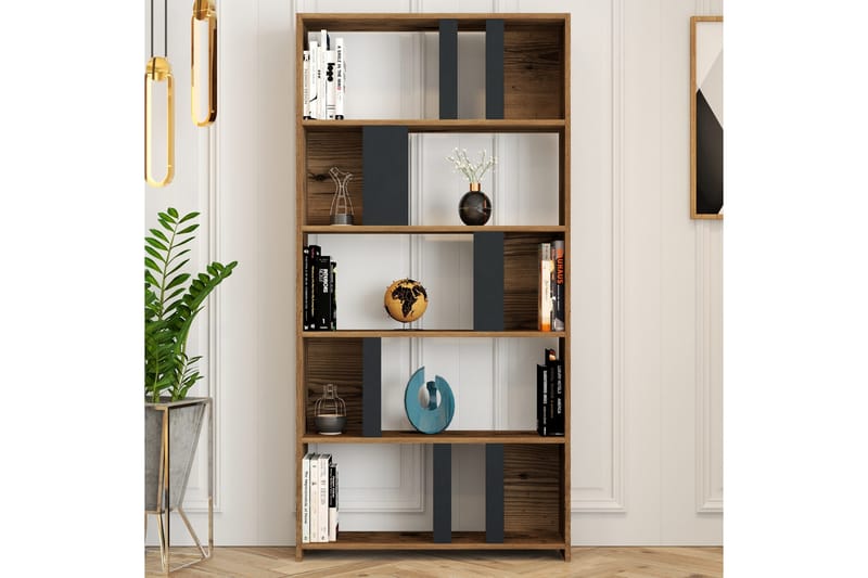 Timiza Bokhylle 90x20 cm 5 Hyller - Mørkebrun/Antrasitt - Oppbevaring - Hylle - Bokhylle