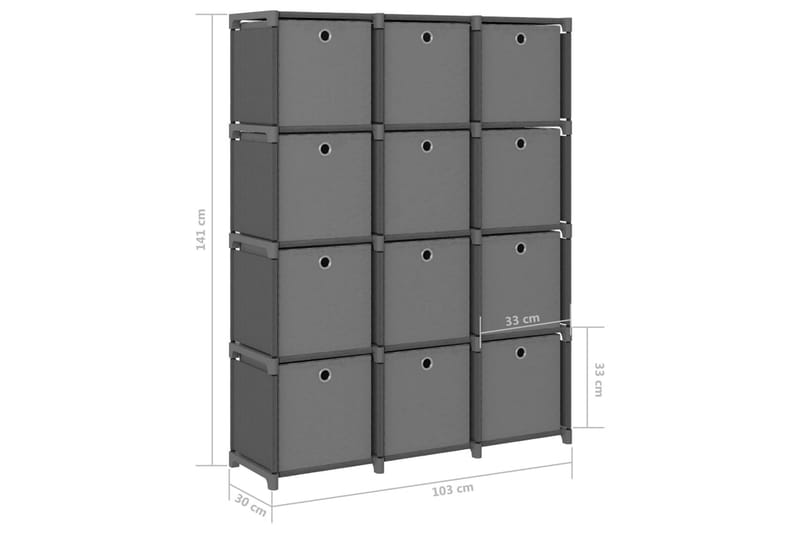 Displayhylle med 12 kuber og bokser grå 103x30x141 cm stoff - Grå - Hyllesystem