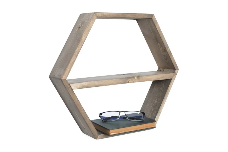 Evila Hexagon Veggshylle 42 cm i Mørkt Tre, Brun