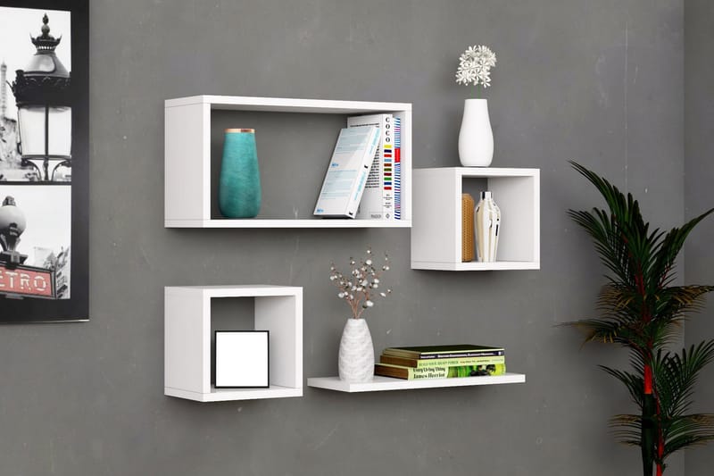 Havzan Vegghylle 44x15 cm 4 Hyller, Hvit