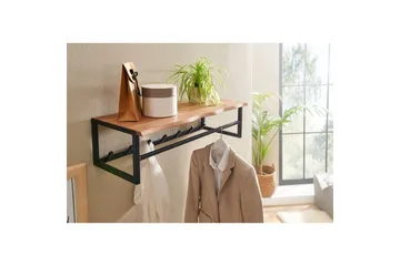 Vegghylle Wohnling Vegghengt knaggrekke i metall med massivt tre 80 cm industriell - Oppbevaring - Hylle - Hattehylle