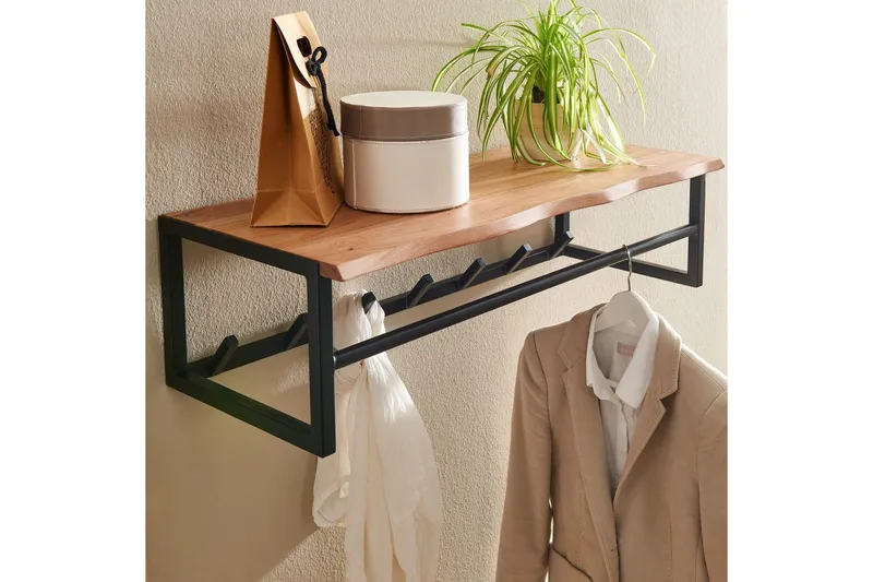 Vegghylle Wohnling Vegghengt knaggrekke i metall med massivt tre 80 cm industriell - Oppbevaring - Hylle - Hattehylle