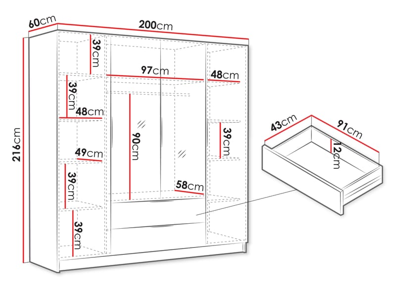 Kelros Garderobeskapeskap med speil 200x216 cm - Beige - Oppbevaring - Garderober & garderobesystem