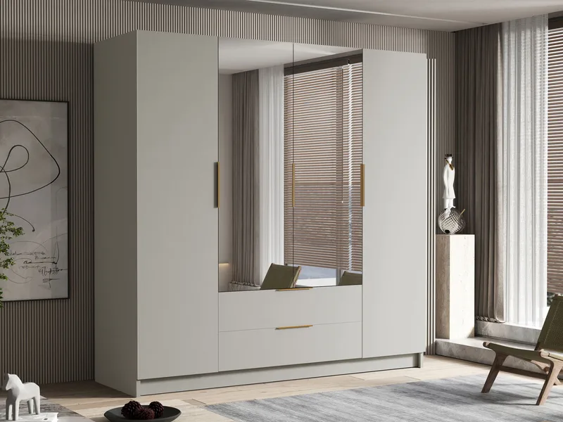 Kelros Garderobeskapeskap med speil 200x216 cm - Beige - Oppbevaring - Garderober & garderobesystem